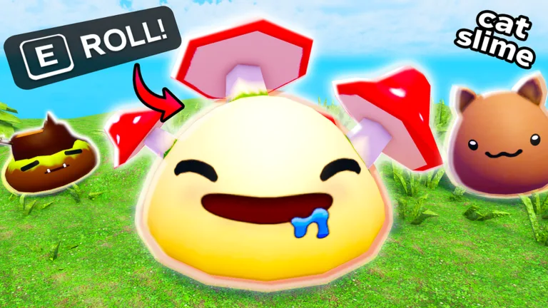 Slime RNG Roblox gameplay screenshot showing rolled slimes and the rolling UI